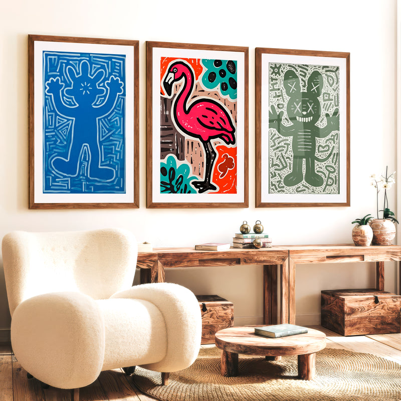 Abstract Colourful Prints – Flamingo & Character Art Set of 3 - Dark Brown Framed Poster with White Border - Artworksets