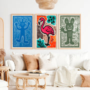 Abstract Colourful Prints – Flamingo & Character Art Set of 3 - Natural Wood Framed Poster No Border - Artworksets