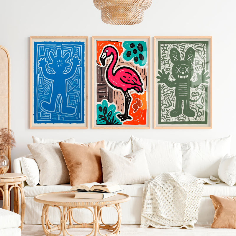 Abstract Colourful Prints – Flamingo & Character Art Set of 3 - Natural Wood Framed Poster No Border - Artworksets