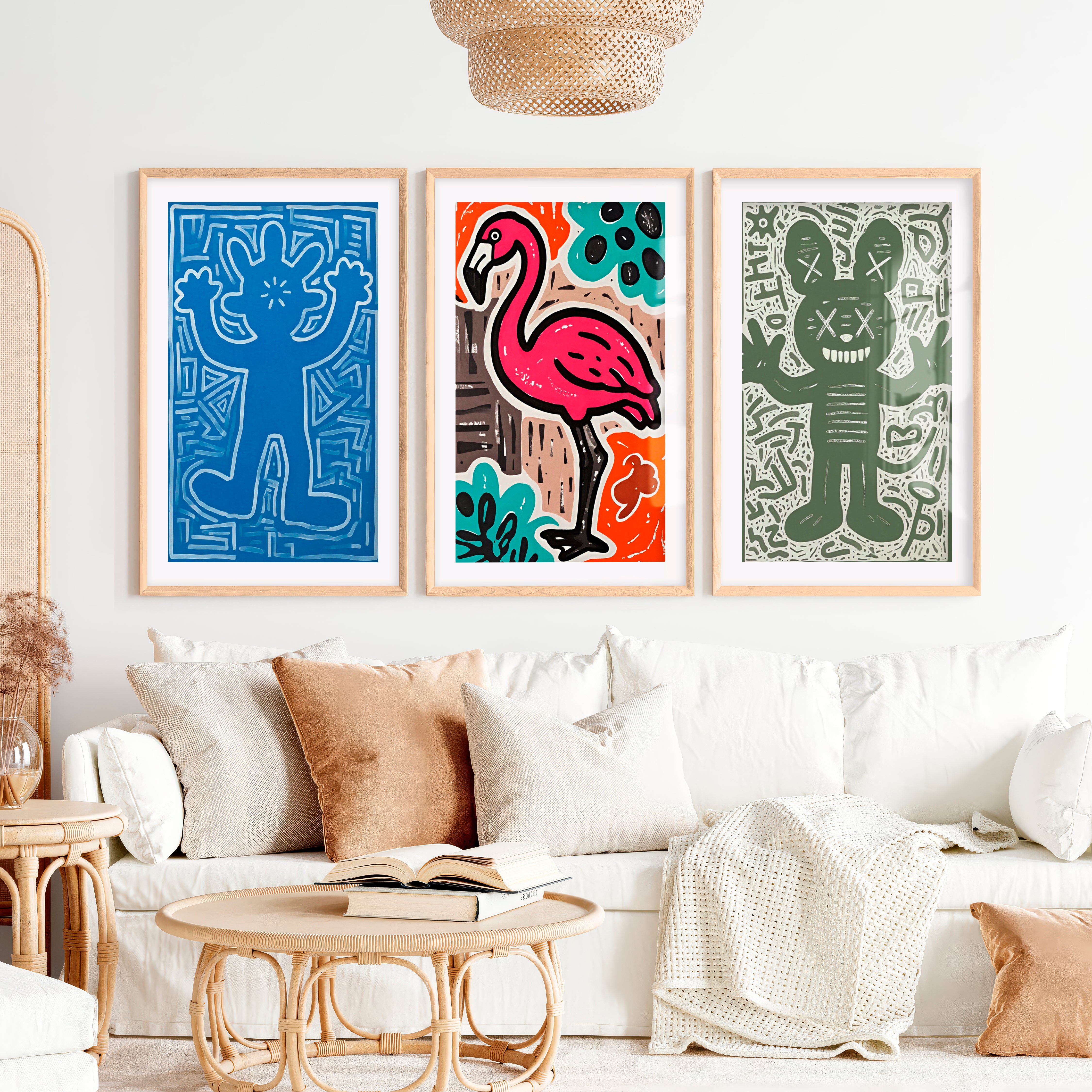 Abstract Colourful Prints – Flamingo & Character Art Set of 3- Natural Wood Framed Poster with White Border - Artworksets