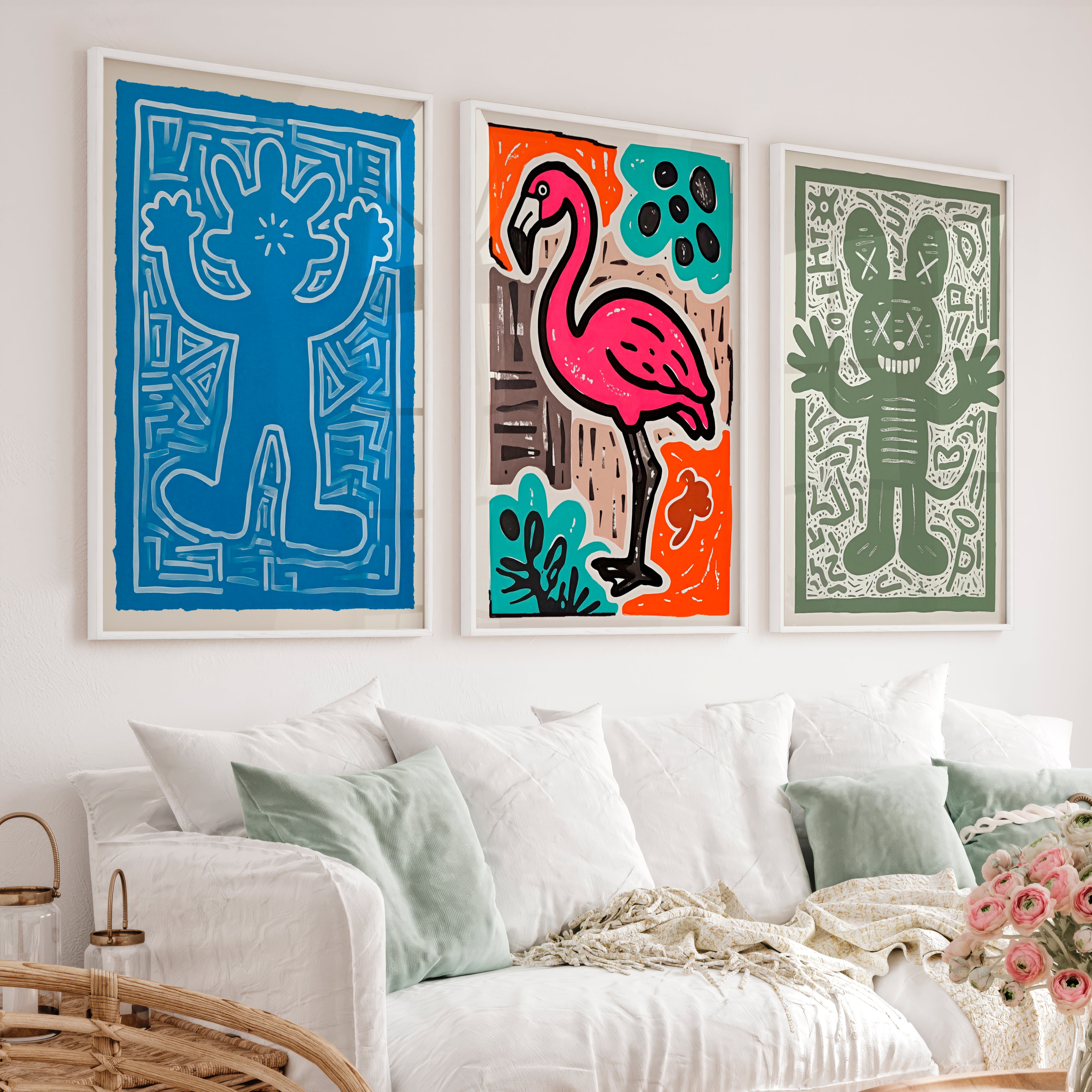Abstract Colourful Prints – Flamingo & Character Art Set of 3 - White Framed Poster No Border - Artworksets