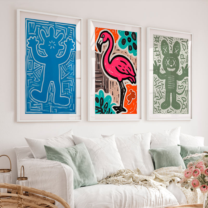 Abstract Colourful Prints – Flamingo & Character Art Set of 3 - White Framed Poster with White Border - Artworksets