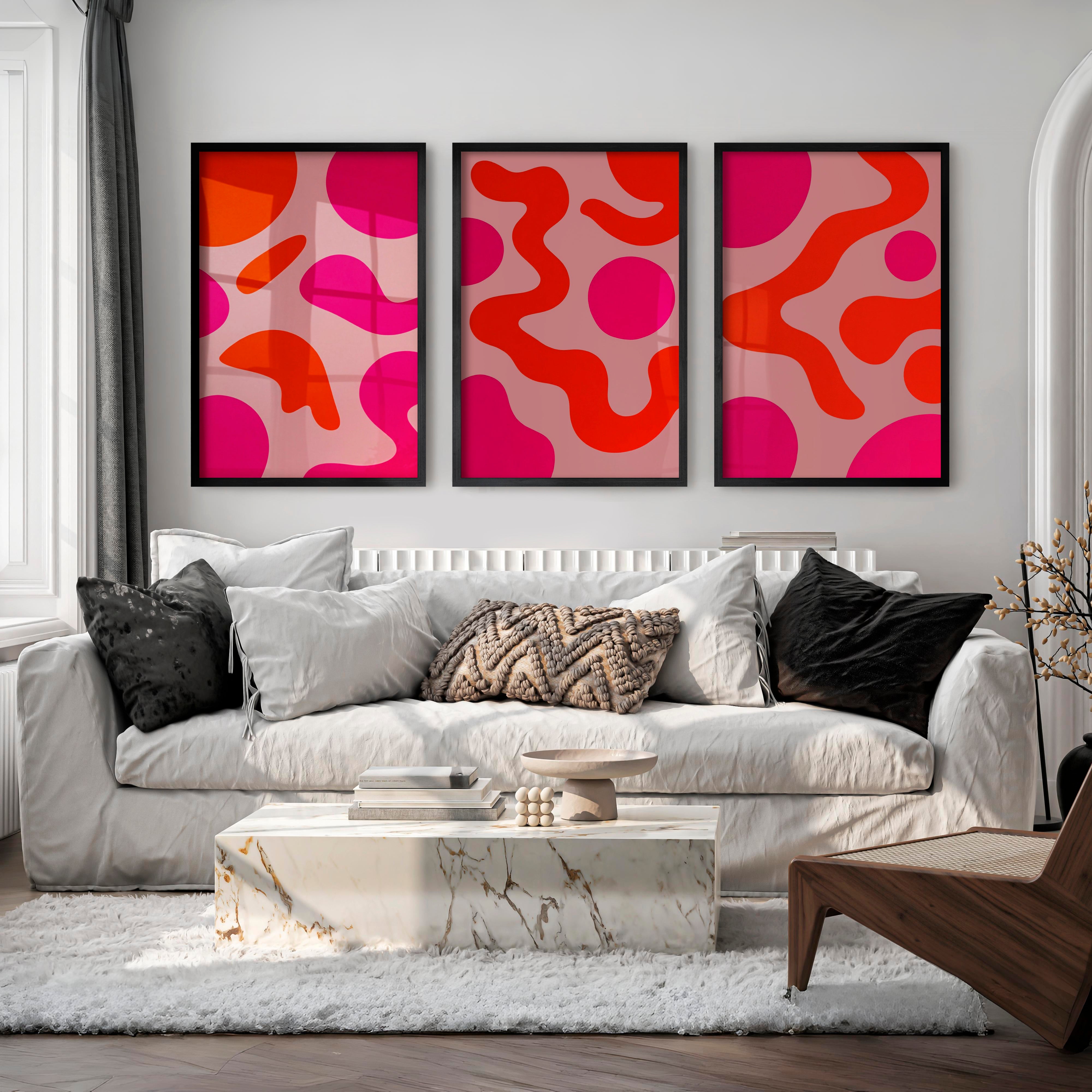 Abstract Colourful Wall Art Pink Orange Modern Set of 3 - Black Framed Poster No Border - Artworksets