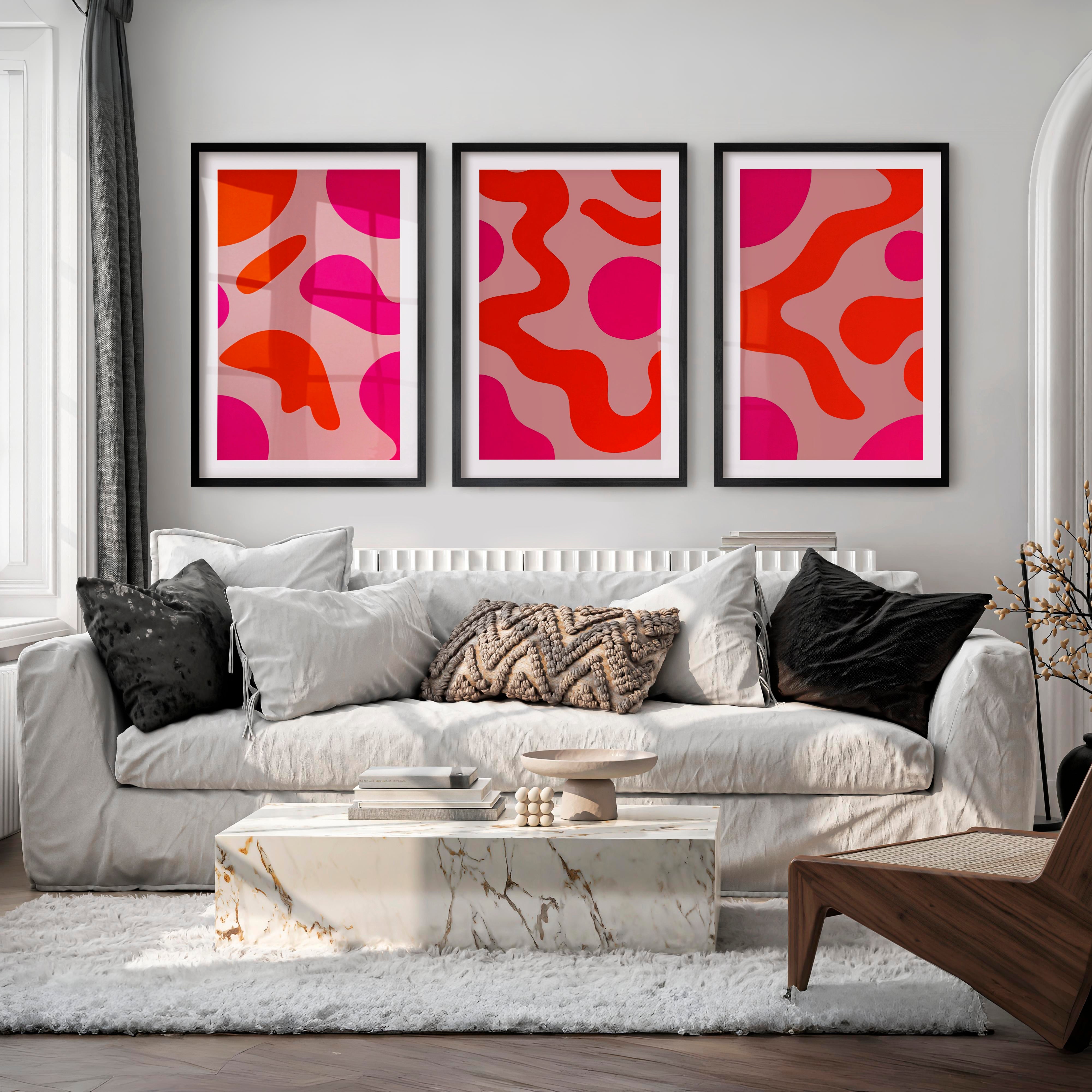 Abstract Colourful Wall Art Pink Orange Modern Set of 3 - Black Framed Poster with White Border - Artworksets