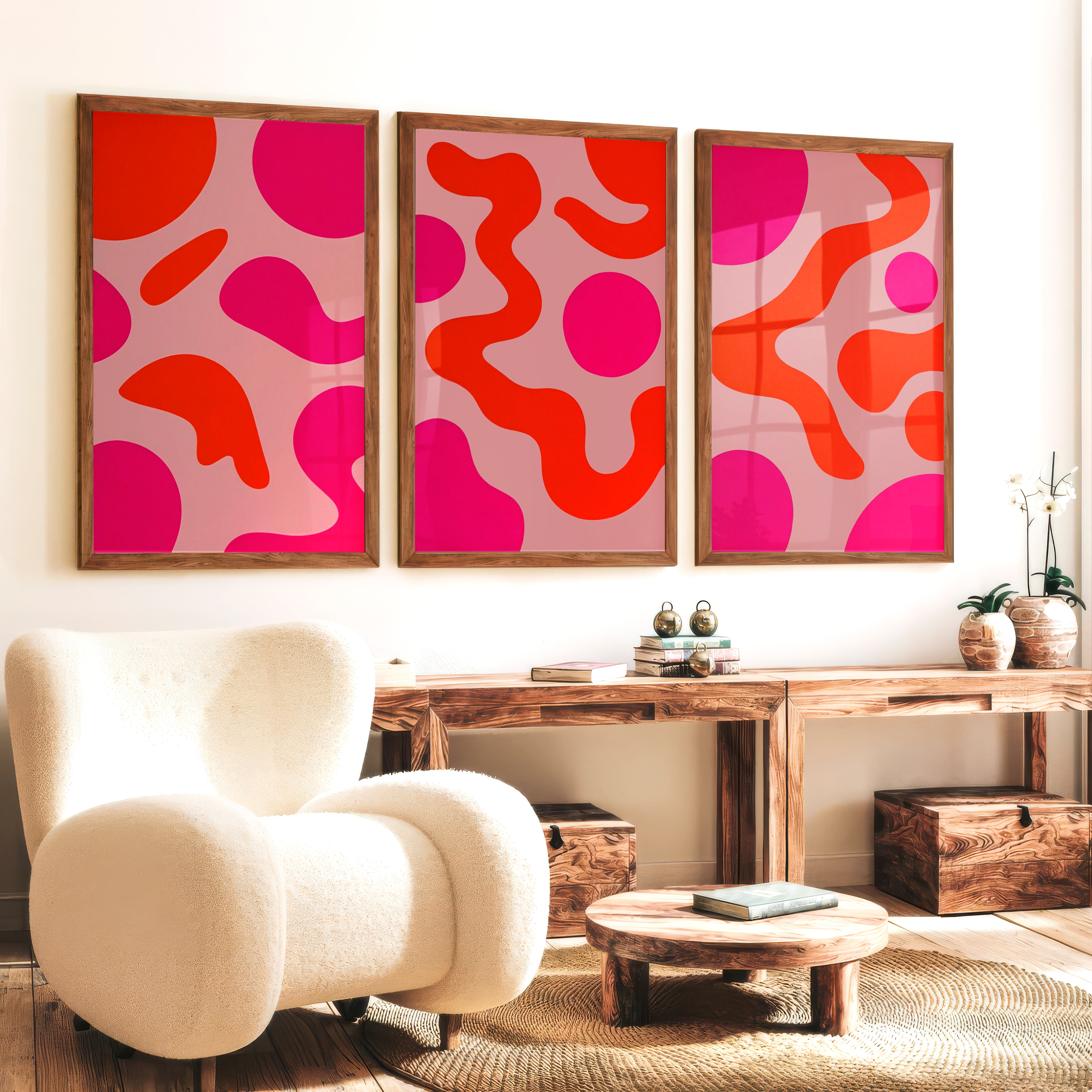 Abstract Colourful Wall Art Pink Orange Modern Set of 3 - Dark Brown Framed Poster No Border - Artworksets
