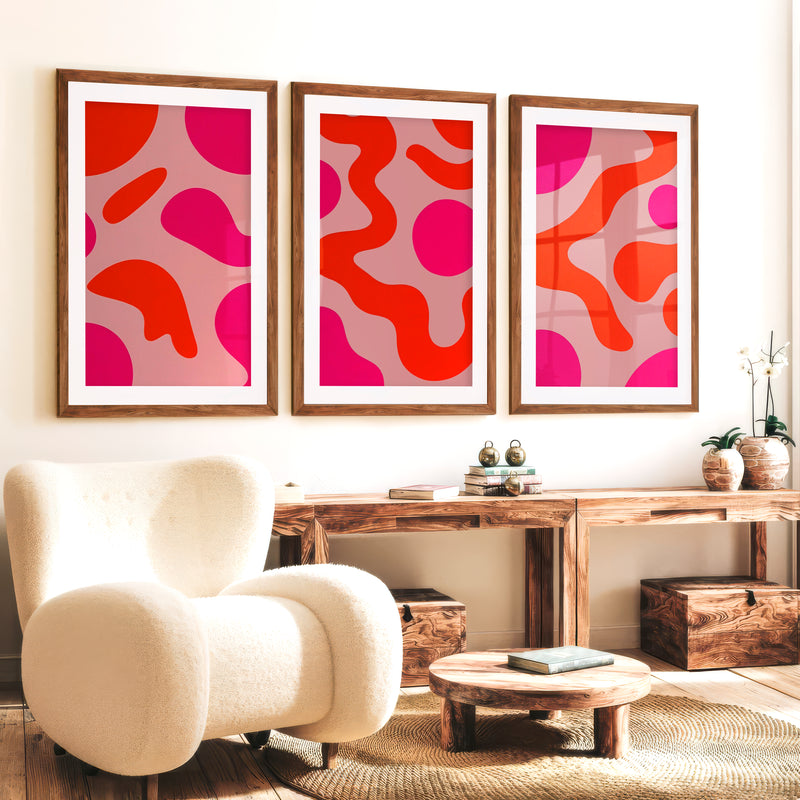 Abstract Colourful Wall Art Pink Orange Modern Set of 3 - Dark Brown Framed Poster with White Border - Artworksets