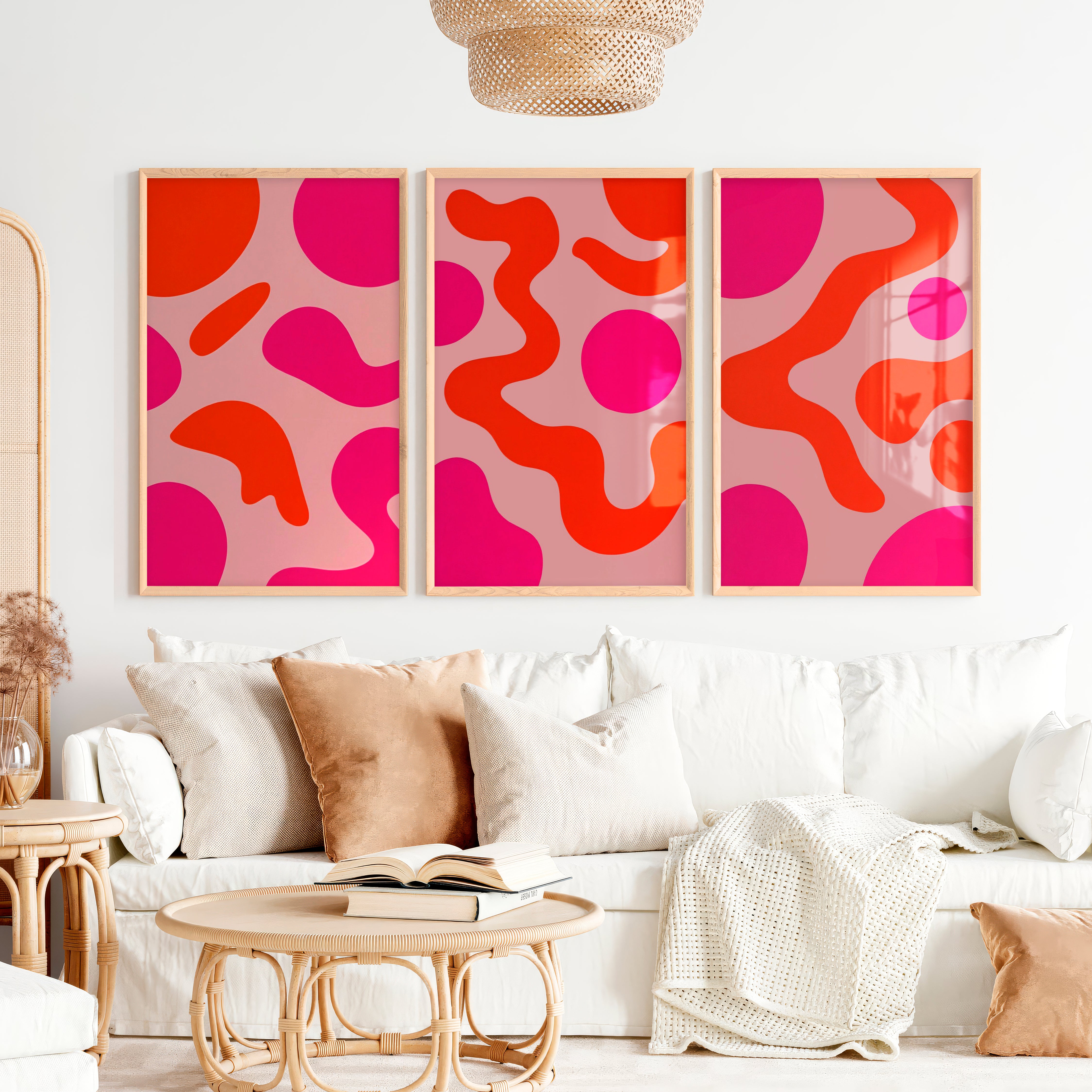 Abstract Colourful Wall Art Pink Orange Modern Set of 3 - Natural Wood Framed Poster No Border - Artworksets