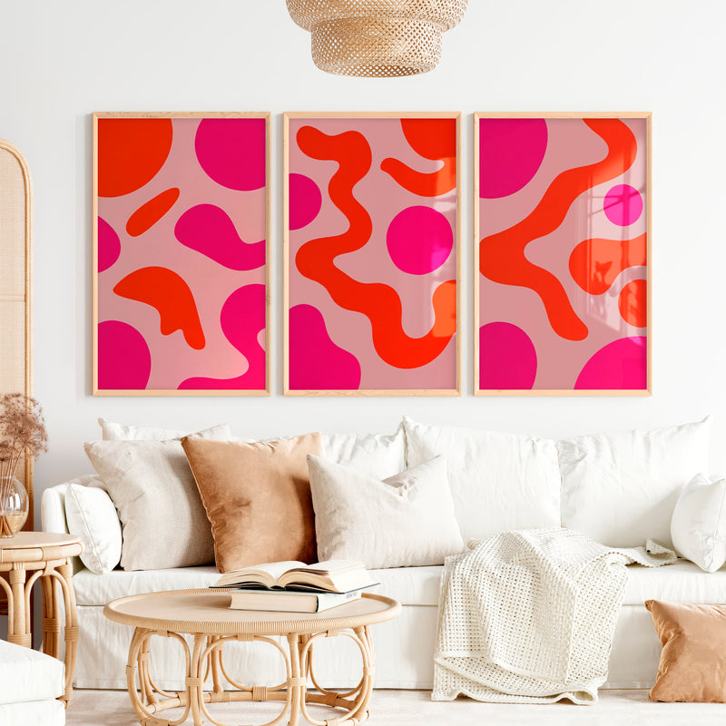 Abstract Colourful Wall Art Pink Orange Modern Set of 3 - Natural Wood Framed Poster No Border - Artworksets