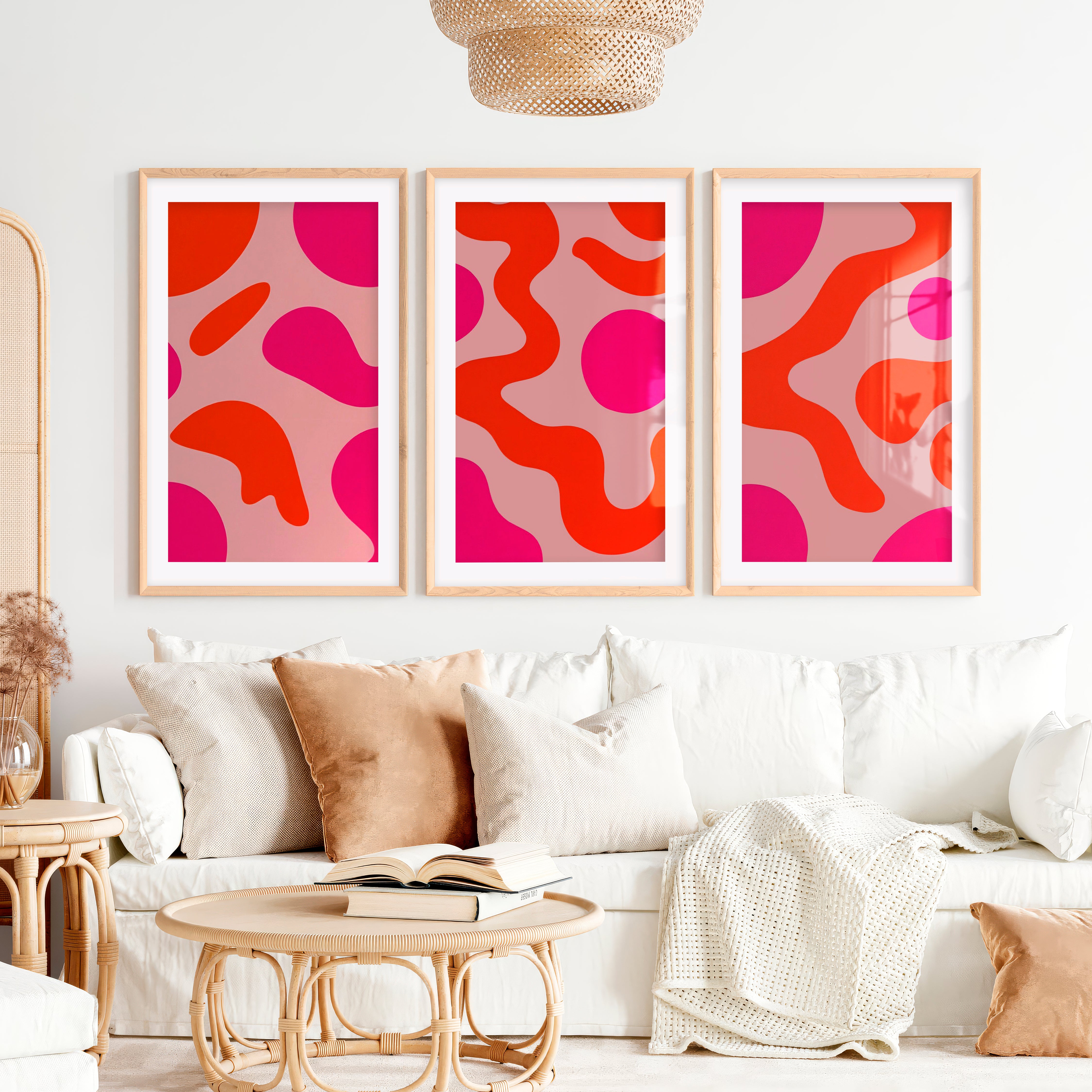 Abstract Colourful Wall Art Pink Orange Modern Set of 3- Natural Wood Framed Poster with White Border - Artworksets
