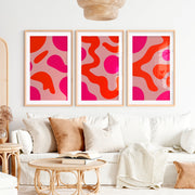 Abstract Colourful Wall Art Pink Orange Modern Set of 3- Natural Wood Framed Poster with White Border - Artworksets
