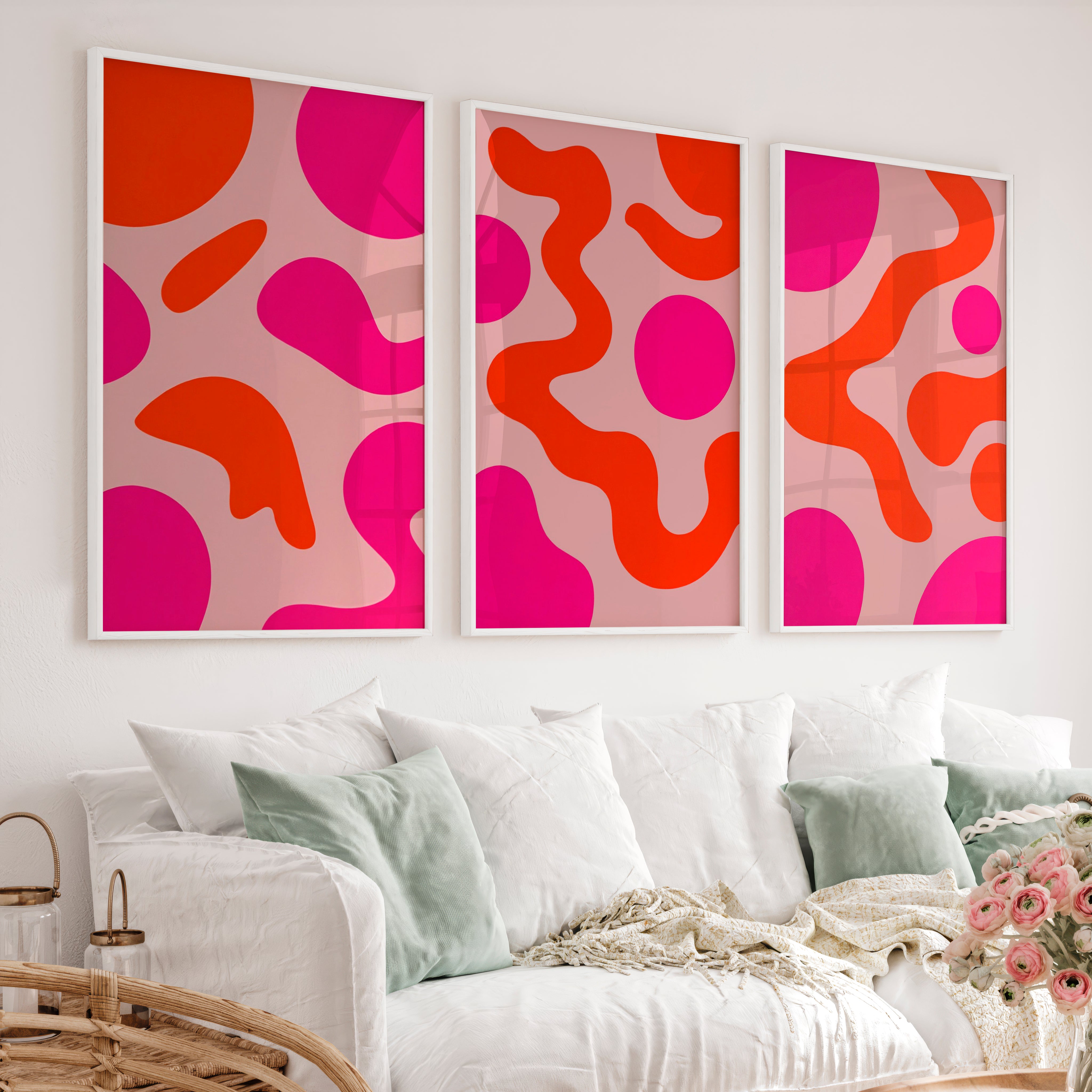 Abstract Colourful Wall Art Pink Orange Modern Set of 3 - White Framed Poster No Border - Artworksets