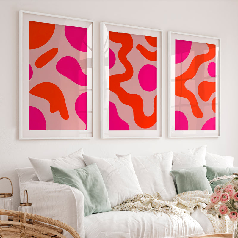 Abstract Colourful Wall Art Pink Orange Modern Set of 3 - White Framed Poster with White Border - Artworksets