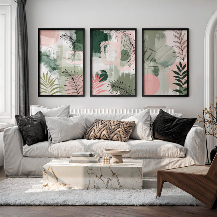 Abstract Floral Artwork in Green and Pink Tones - Black Framed Poster No Border - Artworksets