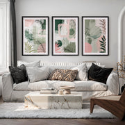 Abstract Floral Artwork in Green and Pink Tones - Black Framed Poster with White Border - Artworksets
