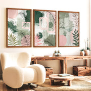 Abstract Floral Artwork in Green and Pink Tones - Dark Brown Framed Poster No Border - Artworksets