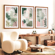Abstract Floral Artwork in Green and Pink Tones - Dark Brown Framed Poster with White Border - Artworksets