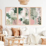 Abstract Floral Artwork in Green and Pink Tones - Natural Wood Framed Poster No Border - Artworksets