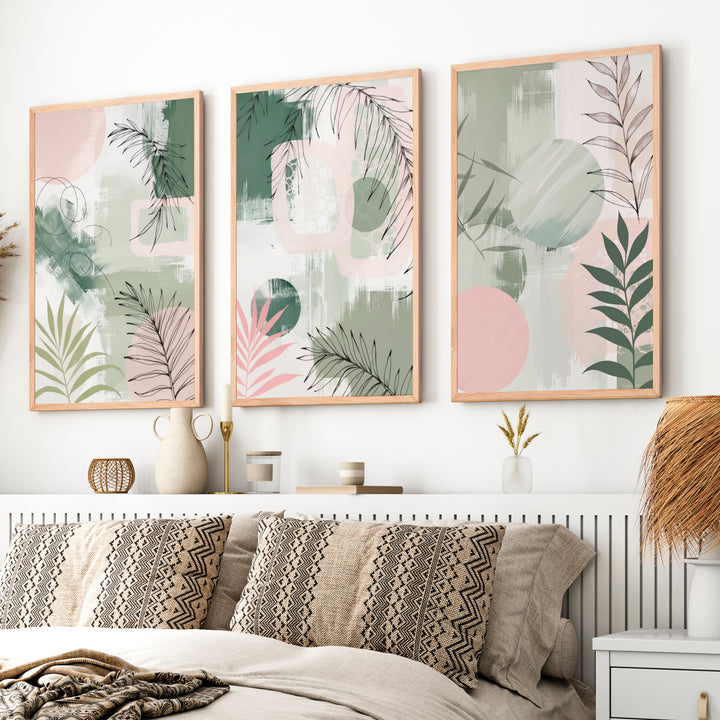 Abstract Floral Artwork in Green and Pink Tones - Natural Wood Framed Poster No Border - Artworksets