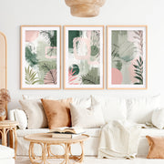 Abstract Floral Artwork in Green and Pink Tones- Natural Wood Framed Poster with White Border - Artworksets