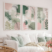 Abstract Floral Artwork in Green and Pink Tones - White Framed Poster No Border - Artworksets