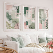 Abstract Floral Artwork in Green and Pink Tones - White Framed Poster with White Border - Artworksets