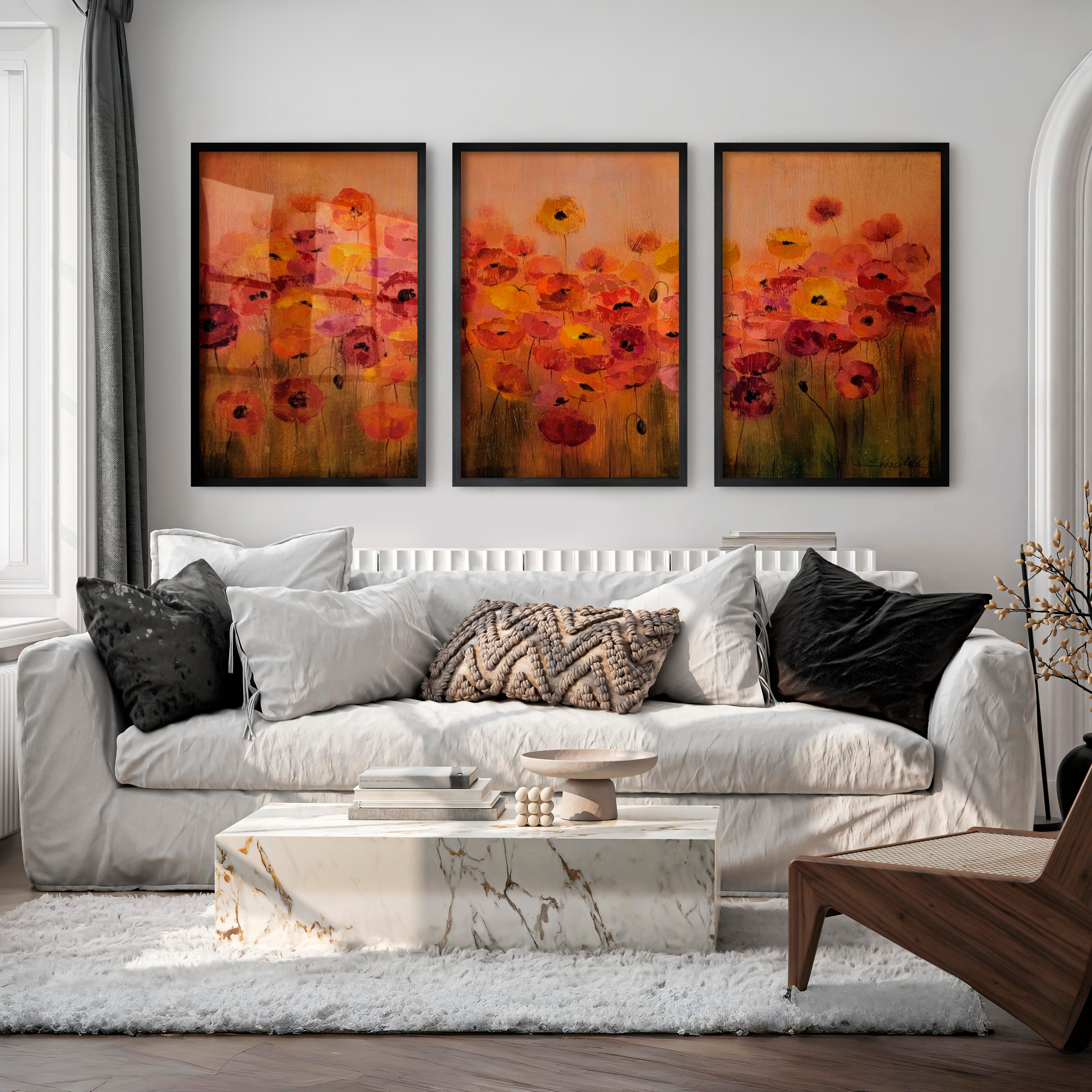 Abstract Floral Print Triptych – Modern Flower Wall Art - Black Framed Poster No Border - Artworksets