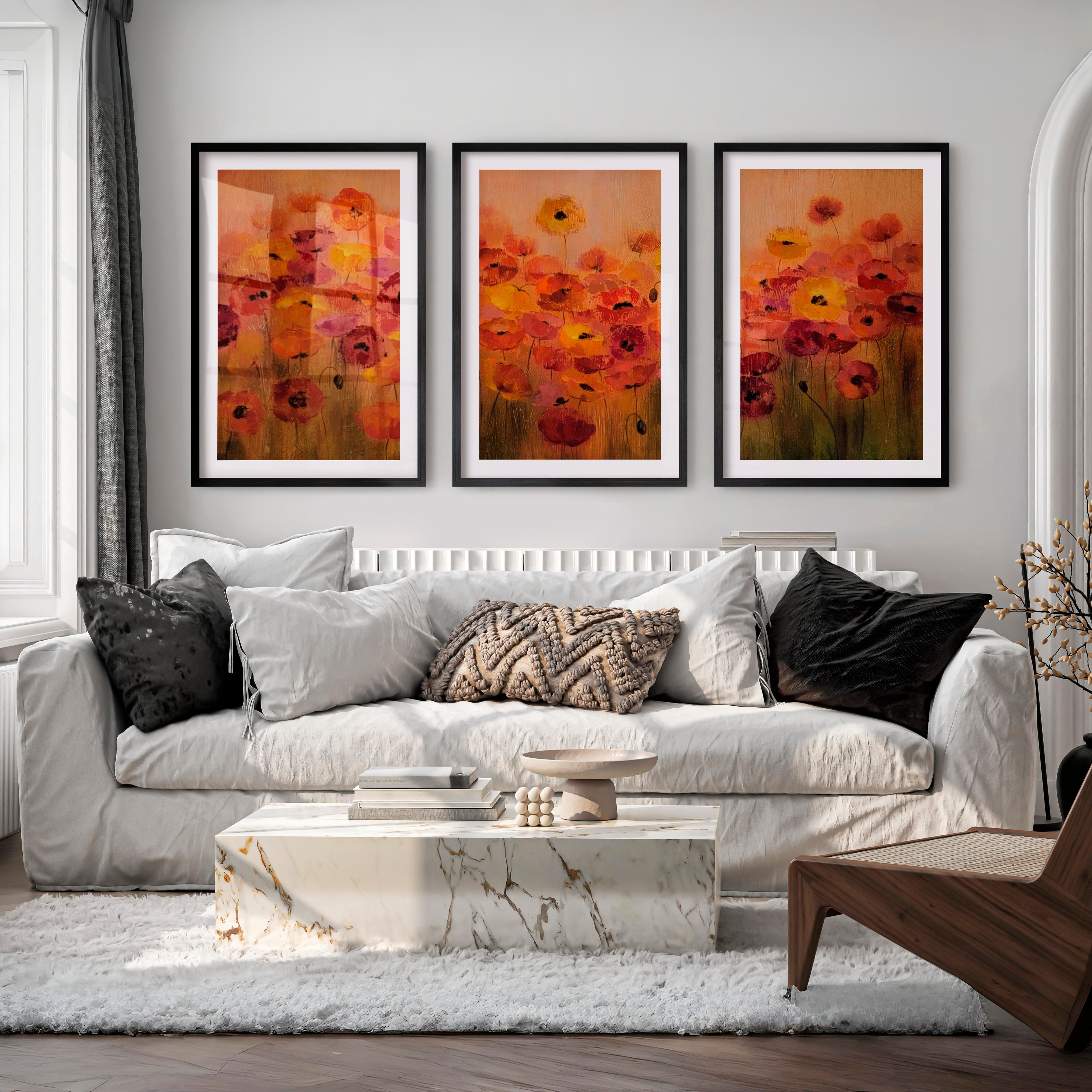 Abstract Floral Print Triptych – Modern Flower Wall Art - Black Framed Poster with White Border - Artworksets