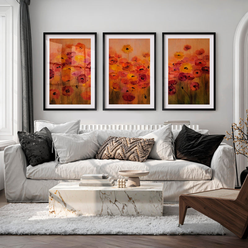 Abstract Floral Print Triptych – Modern Flower Wall Art - Black Framed Poster with White Border - Artworksets