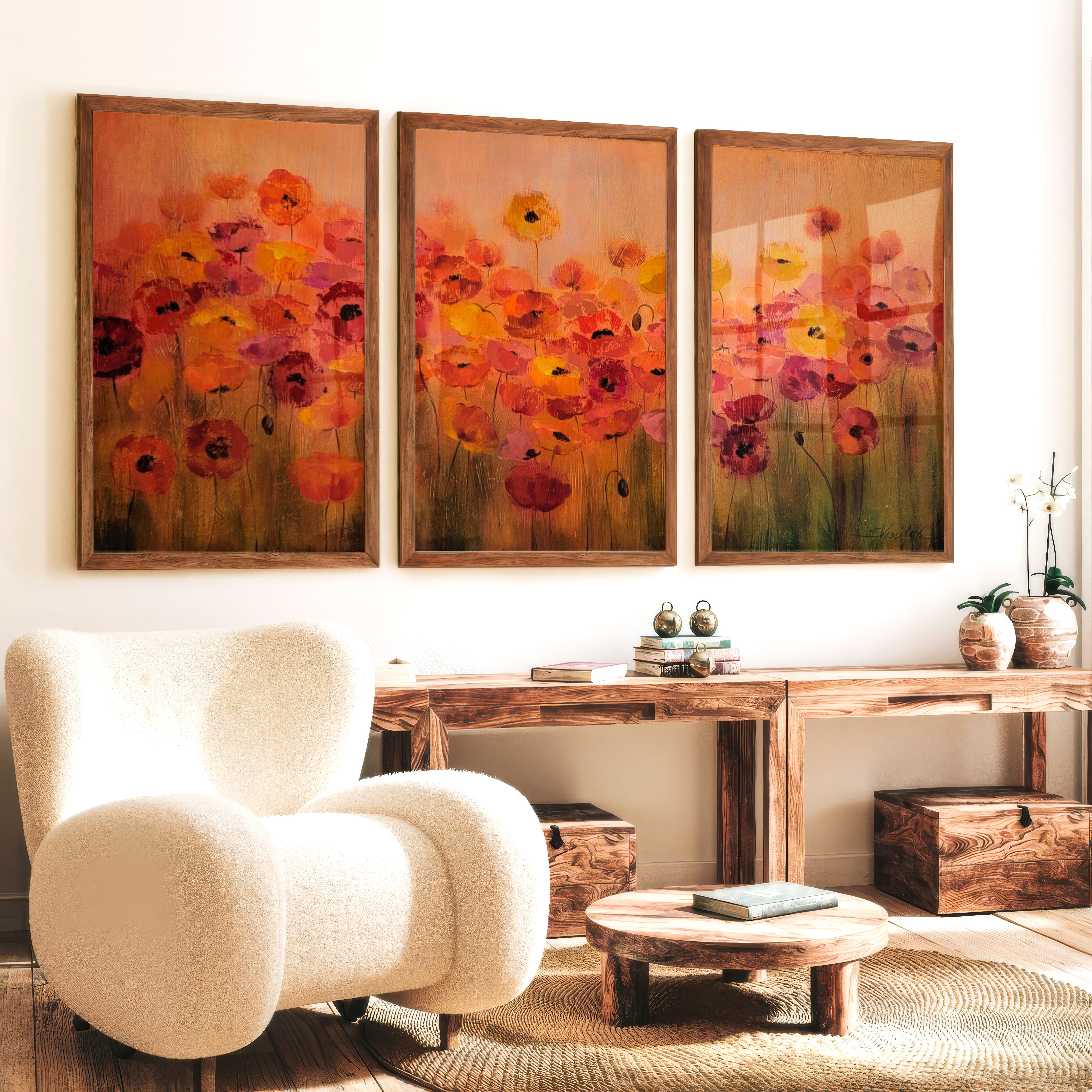 Abstract Floral Print Triptych – Modern Flower Wall Art - Dark Brown Framed Poster No Border - Artworksets