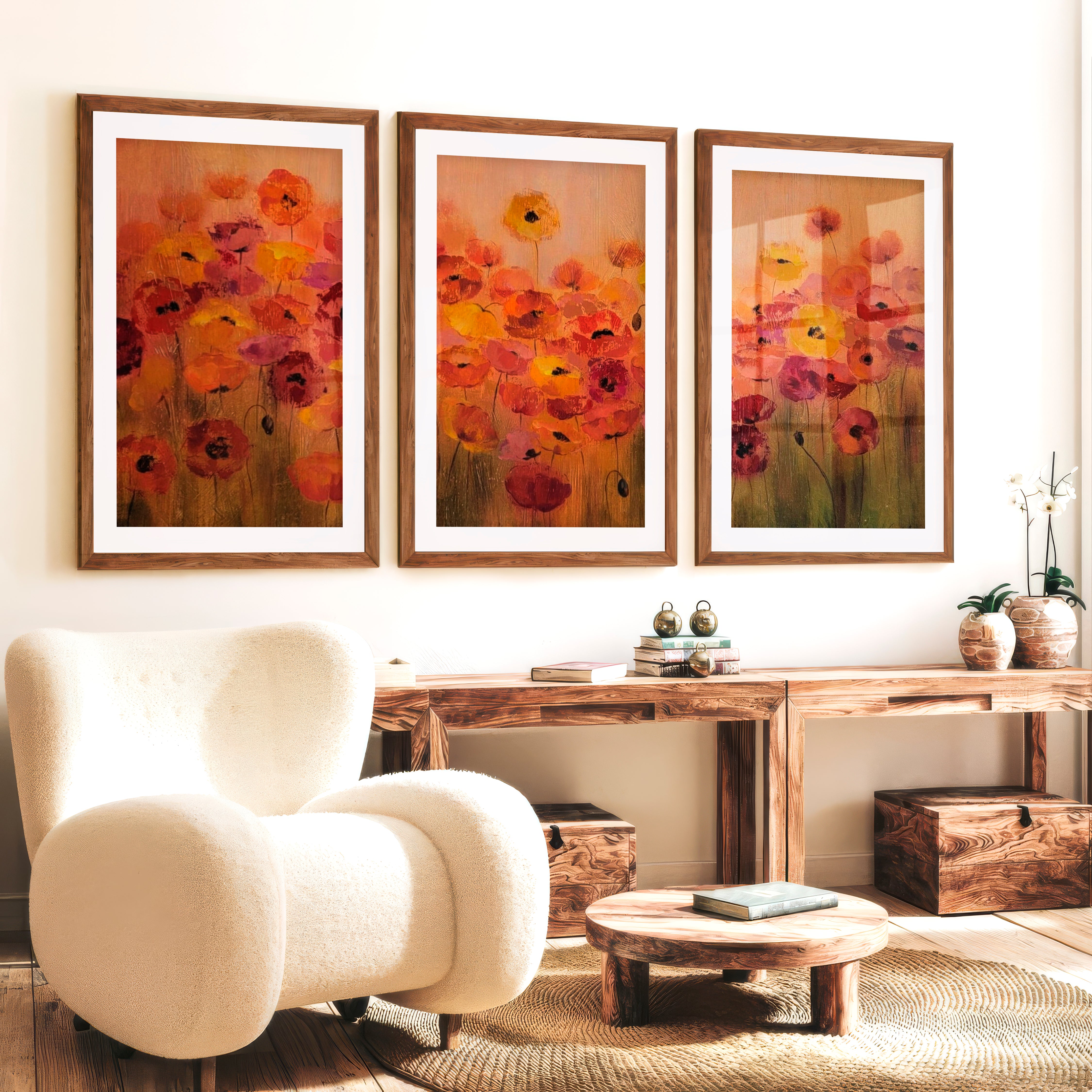 Abstract Floral Print Triptych – Modern Flower Wall Art - Dark Brown Framed Poster with White Border - Artworksets