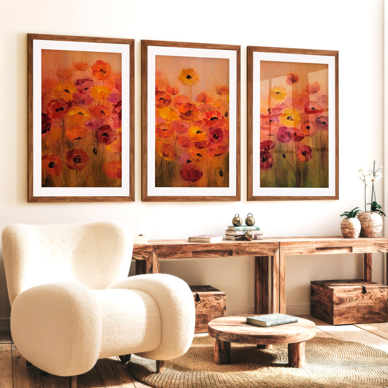 Abstract Floral Print Triptych – Modern Flower Wall Art - Dark Brown Framed Poster with White Border - Artworksets