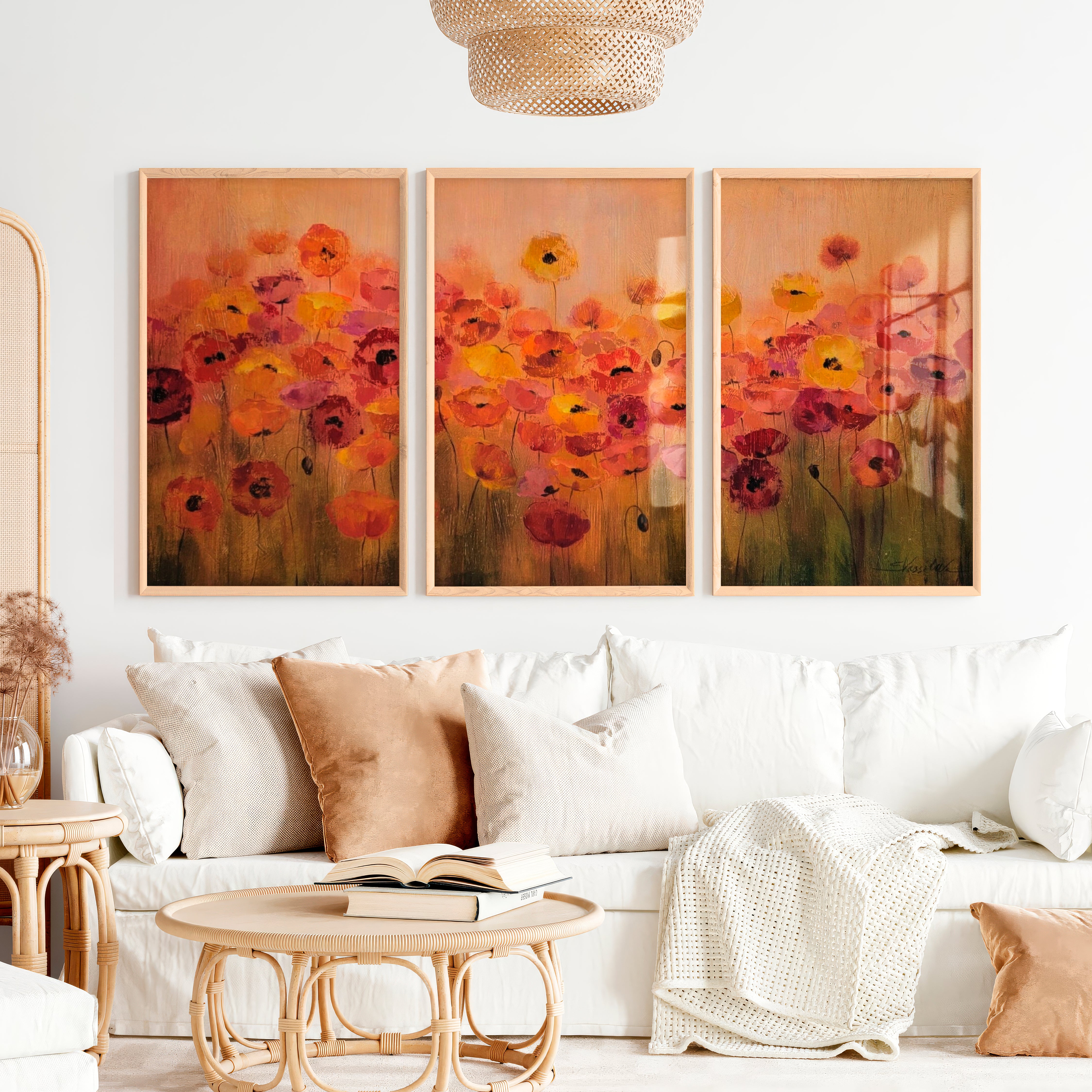 Abstract Floral Print Triptych – Modern Flower Wall Art - Natural Wood Framed Poster No Border - Artworksets