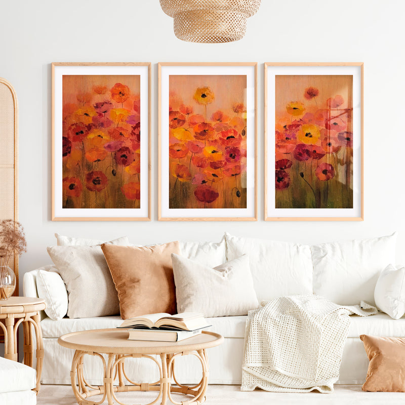 Abstract Floral Print Triptych – Modern Flower Wall Art- Natural Wood Framed Poster with White Border - Artworksets