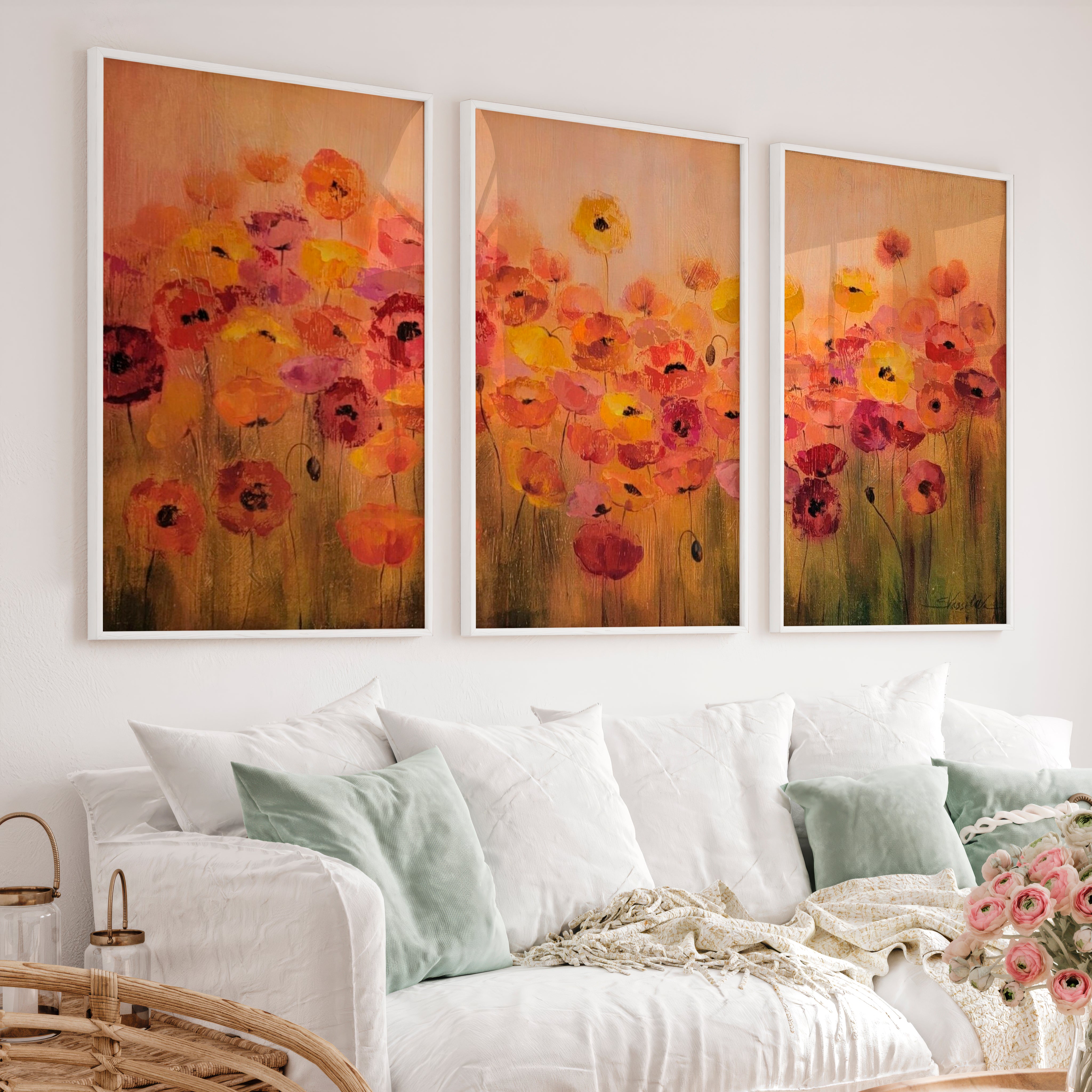 Abstract Floral Print Triptych – Modern Flower Wall Art - White Framed Poster No Border - Artworksets