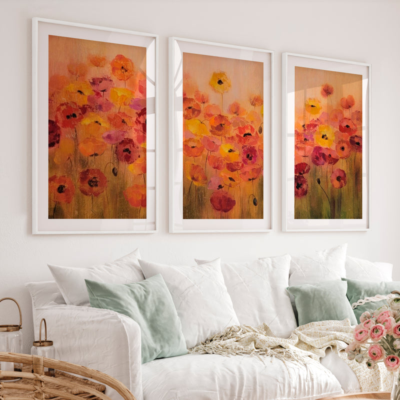 Abstract Floral Print Triptych – Modern Flower Wall Art - White Framed Poster with White Border - Artworksets