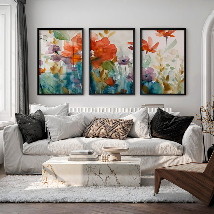 Abstract Flower Paintings Triptych – Watercolor Floral Wall Art - Black Framed Poster No Border - Artworksets