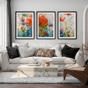Abstract Flower Paintings Triptych – Watercolor Floral Wall Art - Black Framed Poster with White Border - Artworksets