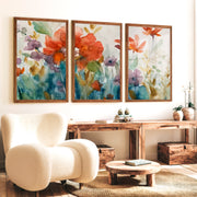 Abstract Flower Paintings Triptych – Watercolor Floral Wall Art - Dark Brown Framed Poster No Border - Artworksets