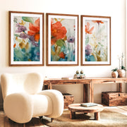 Abstract Flower Paintings Triptych – Watercolor Floral Wall Art - Dark Brown Framed Poster with White Border - Artworksets