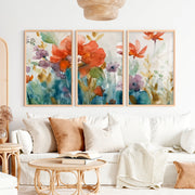 Abstract Flower Paintings Triptych – Watercolor Floral Wall Art - Natural Wood Framed Poster No Border - Artworksets