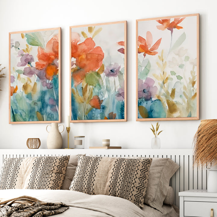 Abstract Flower Paintings Triptych – Watercolor Floral Wall Art - Natural Wood Framed Poster No Border - Artworksets