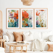 Abstract Flower Paintings Triptych – Watercolor Floral Wall Art- Natural Wood Framed Poster with White Border - Artworksets