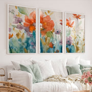 Abstract Flower Paintings Triptych – Watercolor Floral Wall Art - White Framed Poster No Border - Artworksets