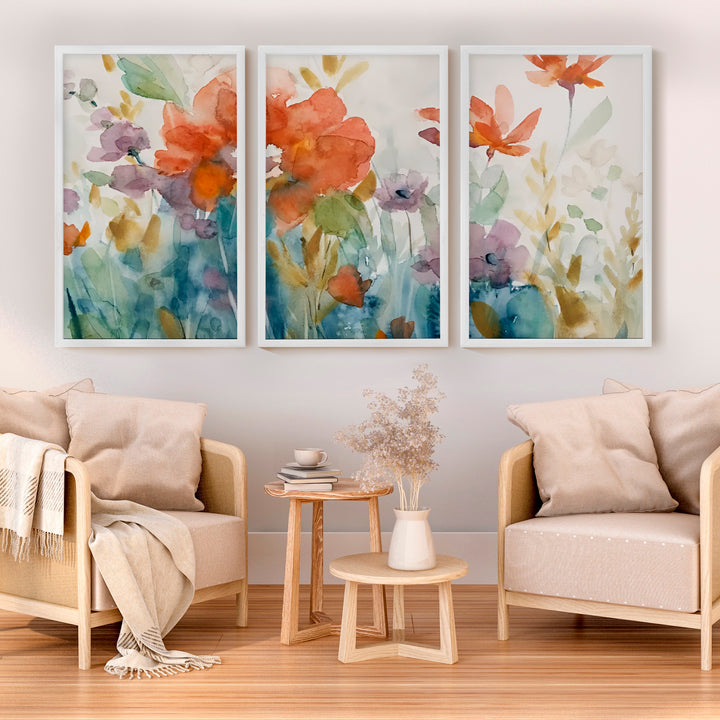 Abstract Flower Paintings Triptych – Watercolor Floral Wall Art - White Framed Poster No Border - Artworksets