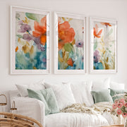 Abstract Flower Paintings Triptych – Watercolor Floral Wall Art - White Framed Poster with White Border - Artworksets