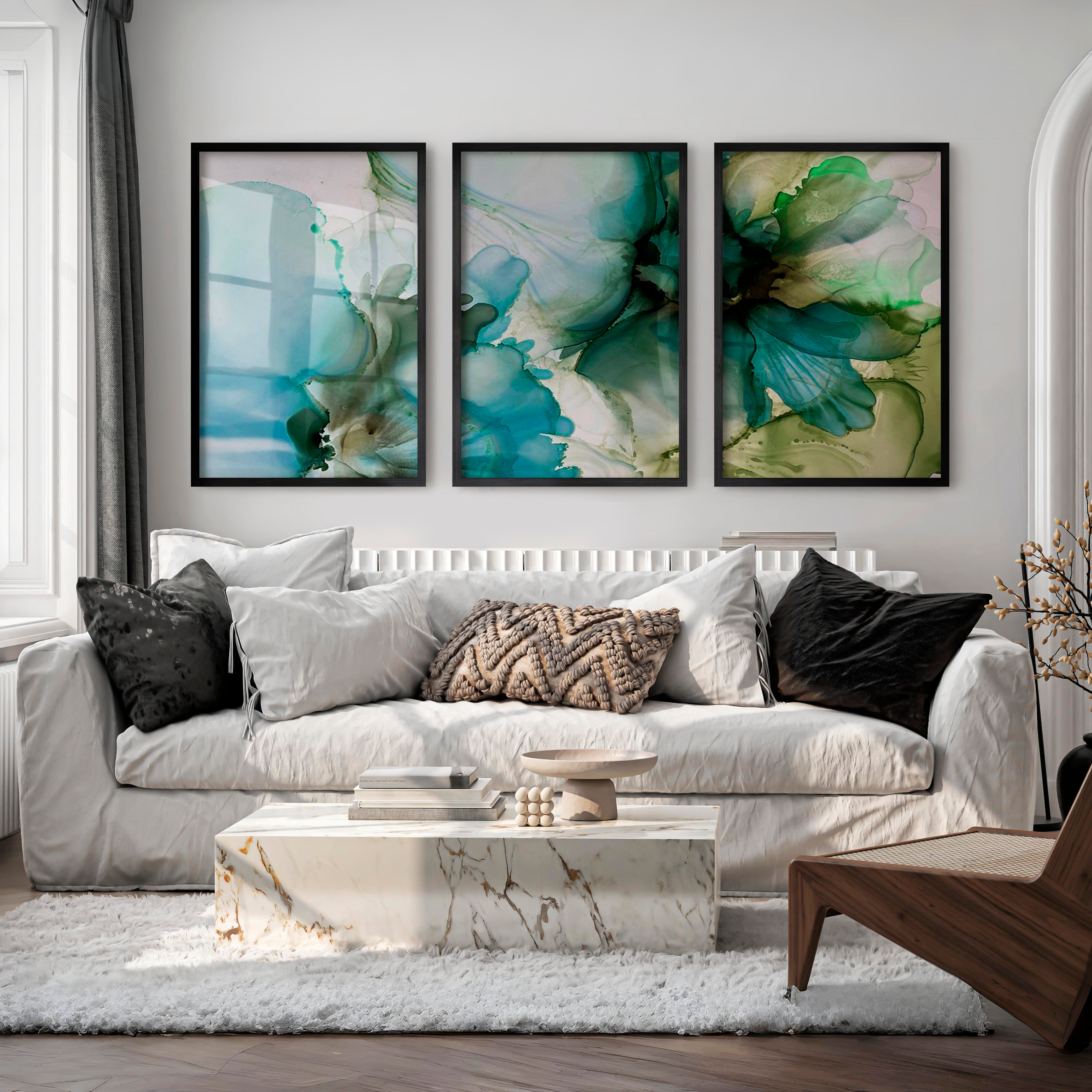 Abstract Flower Print Triptych – Green Fluid Art Wall Decor - Black Framed Poster No Border - Artworksets