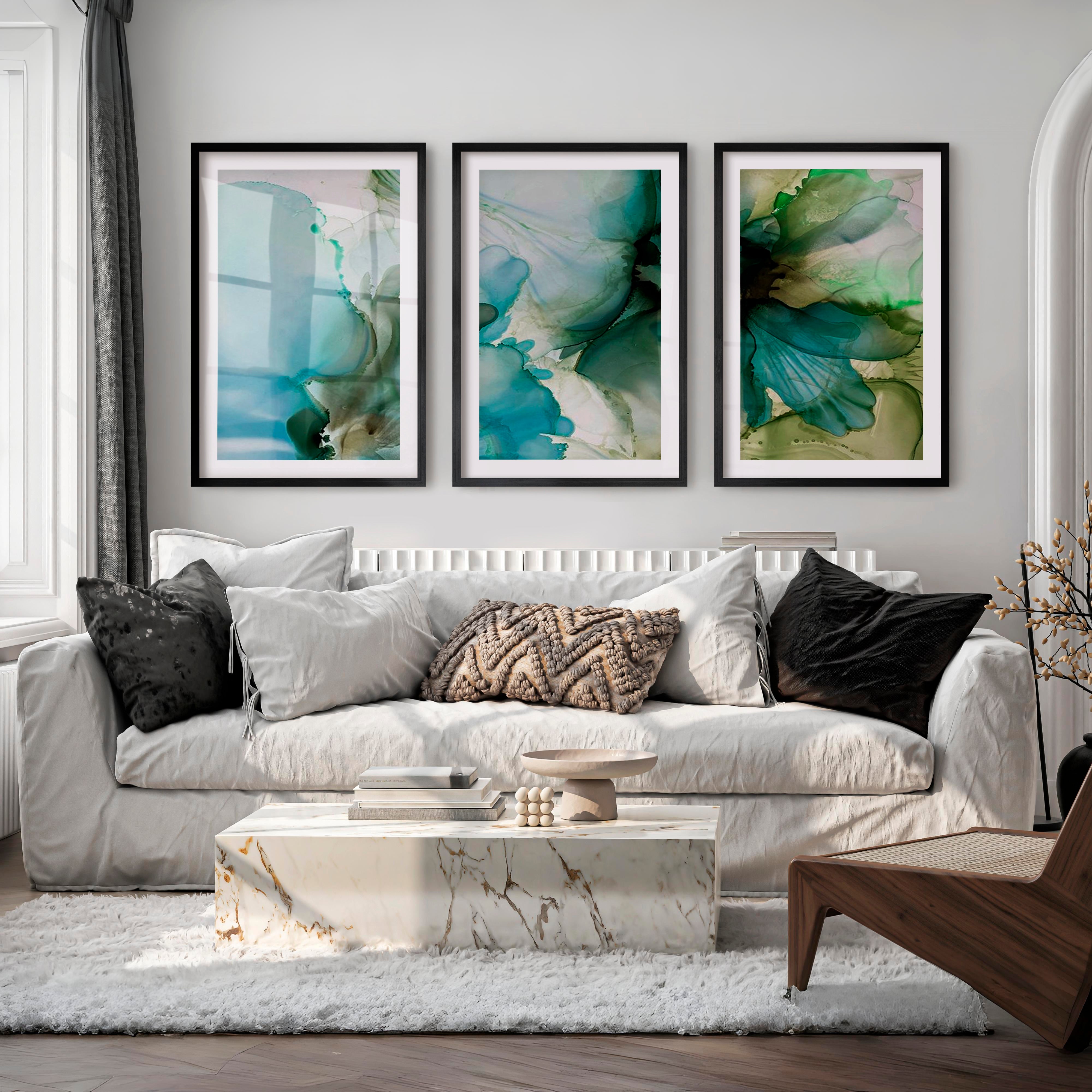 Abstract Flower Print Triptych – Green Fluid Art Wall Decor - Black Framed Poster with White Border - Artworksets