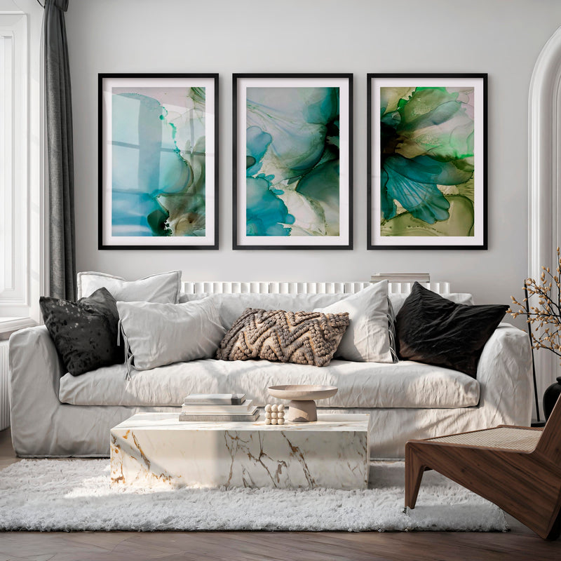 Abstract Flower Print Triptych – Green Fluid Art Wall Decor - Black Framed Poster with White Border - Artworksets
