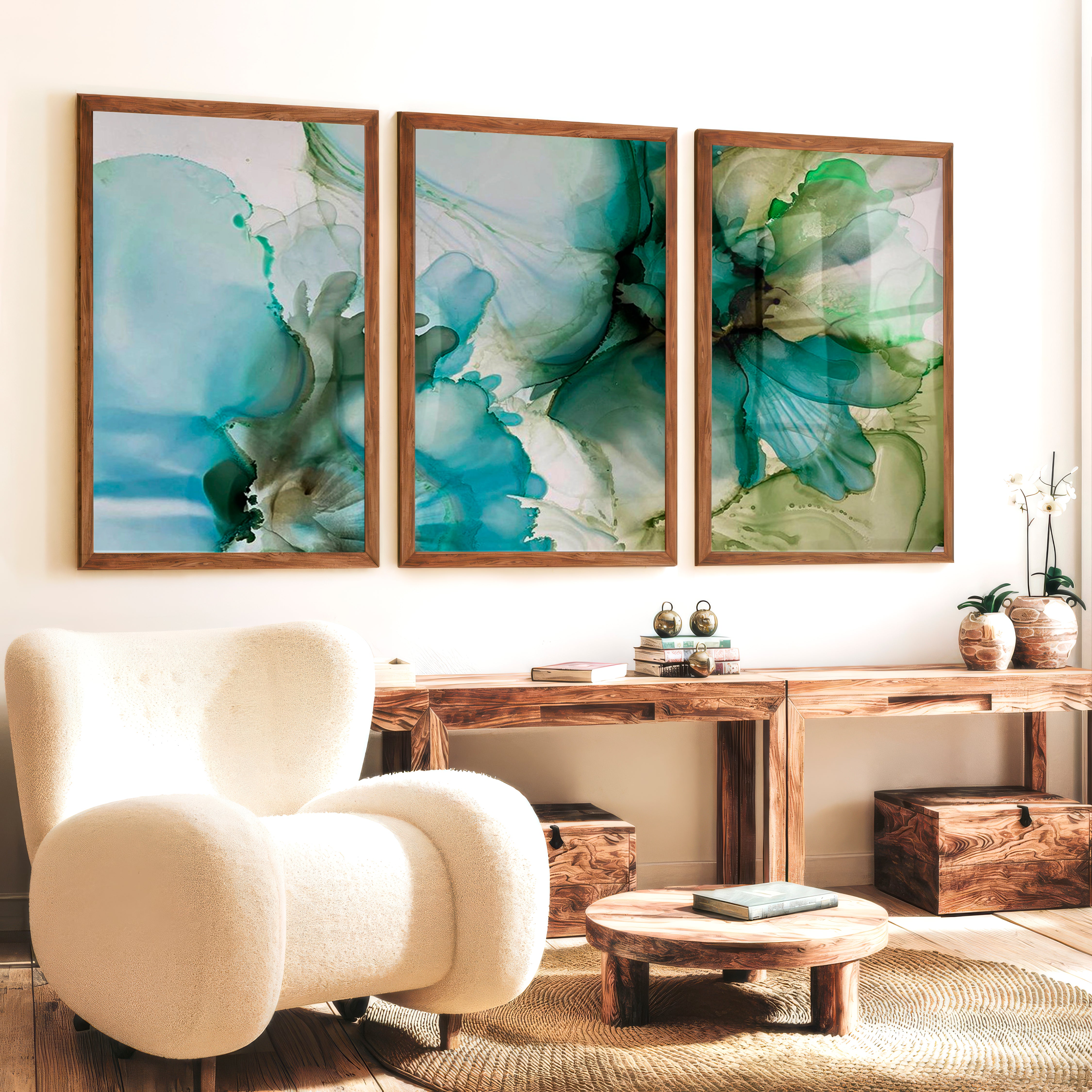 Abstract Flower Print Triptych – Green Fluid Art Wall Decor - Dark Brown Framed Poster No Border - Artworksets