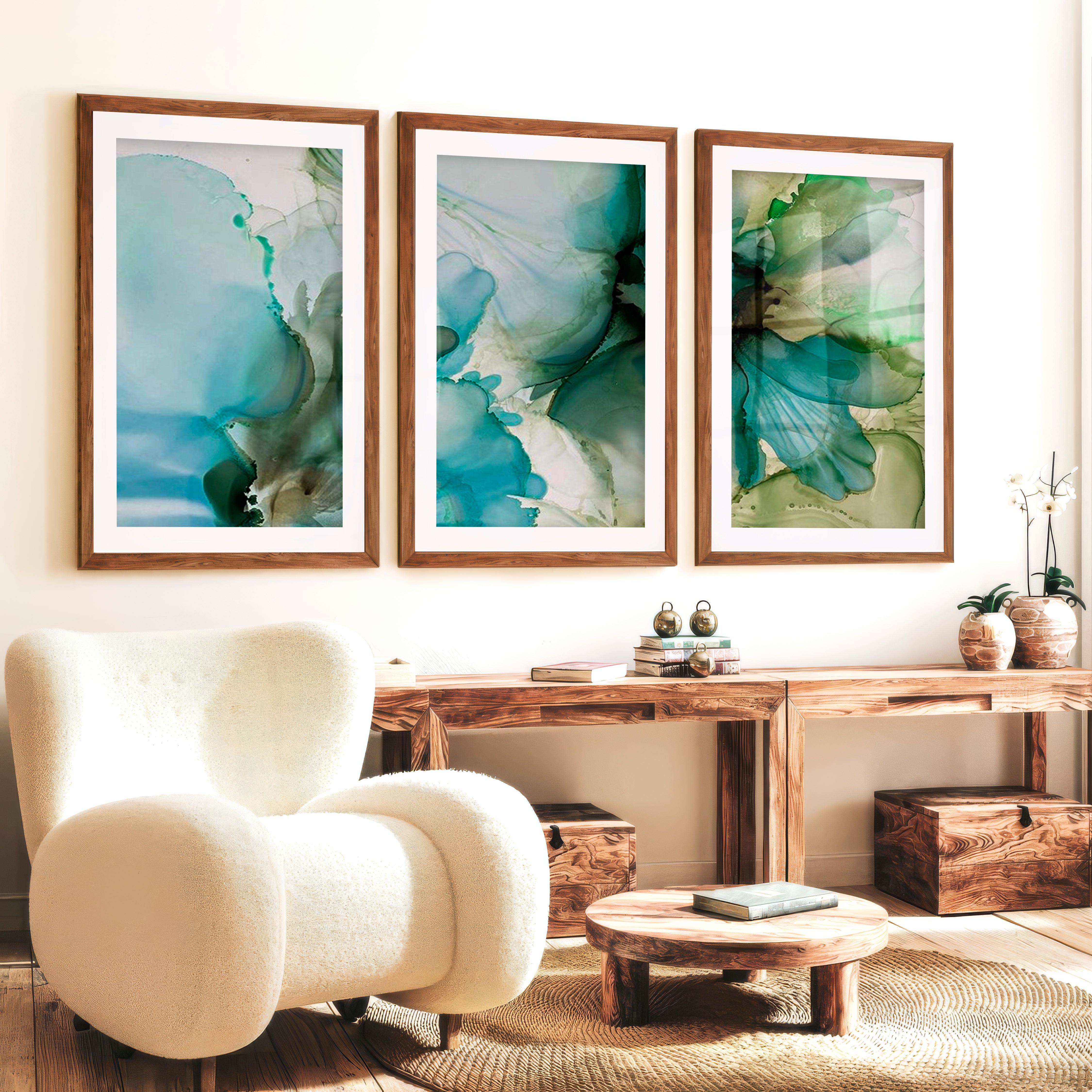 Abstract Flower Print Triptych – Green Fluid Art Wall Decor - Dark Brown Framed Poster with White Border - Artworksets